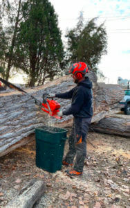 A man using a chainsaw to remove tree debris